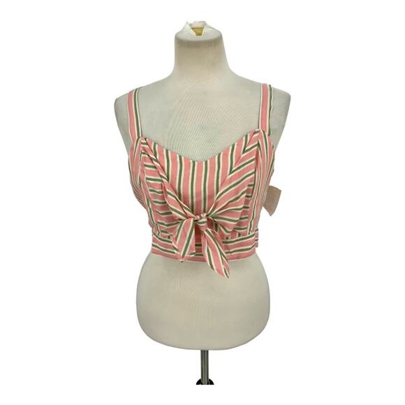 Lumiere Striped Tie Front Smocked Crop Top Pink Green Size Large NWOT - Picture 1 of 6